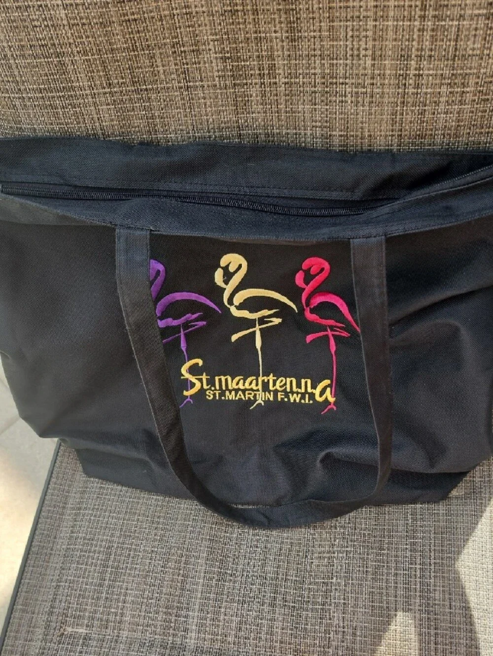 ST. MAARTEN Flamingo Embroidered Black Tote Bag